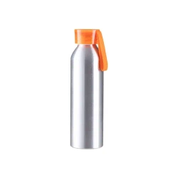 Sport-Wasserflasche aus Aluminium, 650 ml, silberfarben mit orangefarbenem Verschluss und Sublimationsstreifen