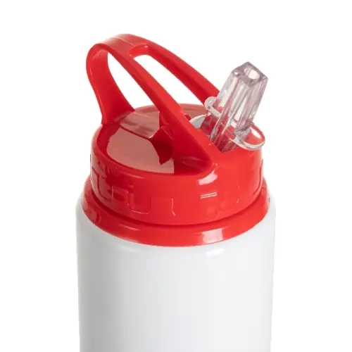 Aluminiumflasche mit Ausgießer, 600 ml, weiß, mit rotem Verschluss und Sublimationshalter