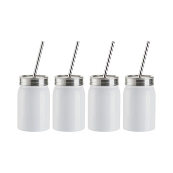 Becher mit Deckel , "Mason Jar", 4 Stück, mit Strohhalm, Weiß, für die Sublimation