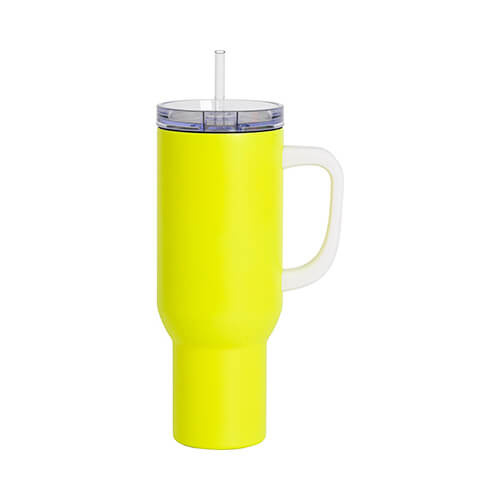 Becher, 1200 ml, Edelstahl, Neongelb, matt, mit Griff und Trinkhalm, für den Sublimationsdruck.