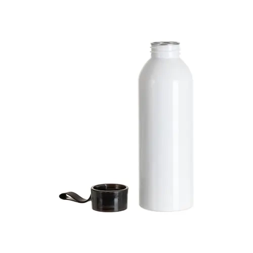Sportliche Aluminium-Wasserflasche 750 ml weiß mit schwarzem Verschluss und Sublimationsstreifen