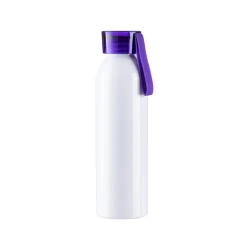 Sport-Wasserflasche aus Aluminium, 750 ml, weiß, mit violettem Verschluss und Sublimationsstreifen