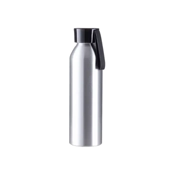 Sportliche silberne 650-ml-Wasserflasche aus Aluminium mit schwarzem Verschluss und Sublimationsstreifen