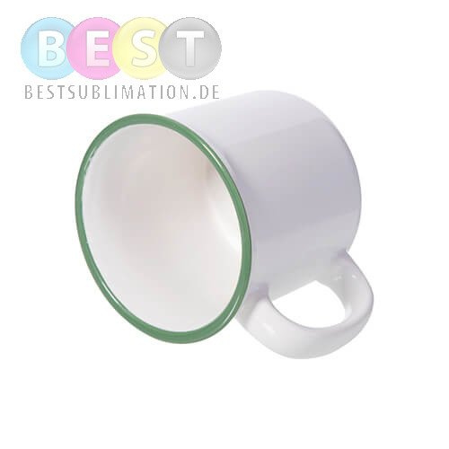 Keramischer Becher 300ml, emailliert, weiß mit grünem Rand, für die Sublimation