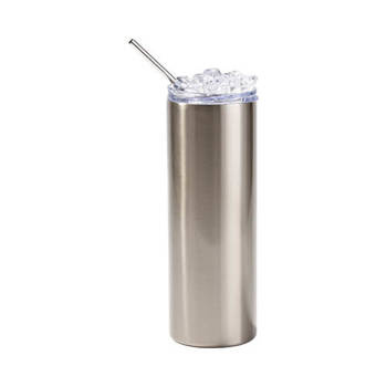 Tumbler-Becher, 600 ml, mit Trinkhalm, Silber, Deckel mit Deko-Eis, für den Sublimationsdruck.