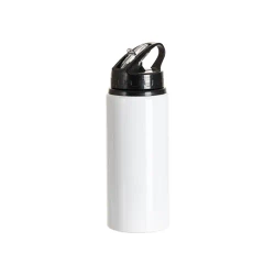 Aluminiumflasche mit Ausgießer, 600 ml, weiß, mit schwarzem Verschluss und Sublimationshalter