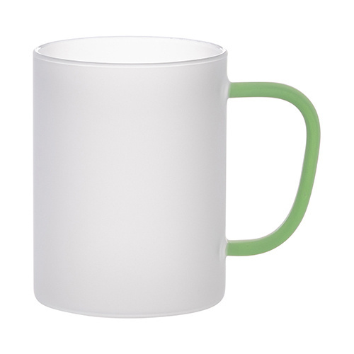 Tasse 450 ml, Glas, Satiniert, mit hellgrünem Griff, für die Sublimation