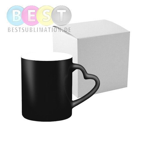 Zaubertasse 330ml, Schwarz, Herzgriff, mit einzelner Box, für die Sublimation