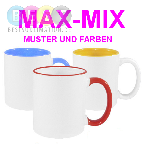 144 Tassen 450ml MAX, Farbiger Griff und Rand, Farbige Innenseite, FUNNY, MIX diverser Farben, für die Sublimation