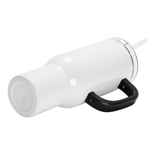 Becher, 1200 ml, Edelstahl, Weiß, mit Verschluss, schwarzem Griff und Trinkhalm, für den Sublimationsdruck.