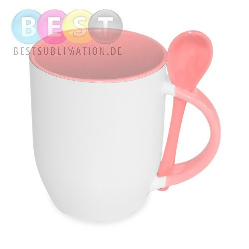 Fototasse 330ml mit  Teelöffel, mit eigener patentierten JS-Beschichtung, rosa, für die Sublimation