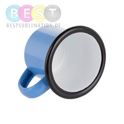 Metallbecher 100 ml, emailliert, blau mit schwarzem Rand, für die Sublimation