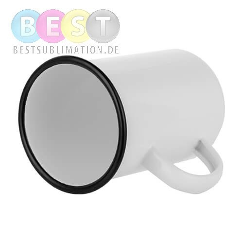 Becher 450 ml, Metall, emailliert, Weiß mit schwarzem Rand, für die Sublimation