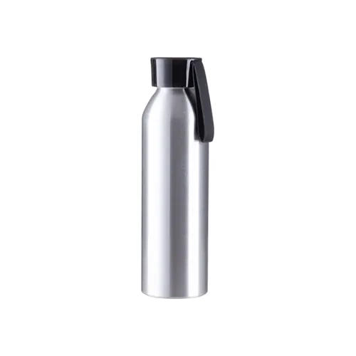 Sportliche silberne 650-ml-Wasserflasche aus Aluminium mit schwarzem Verschluss und Sublimationsstreifen