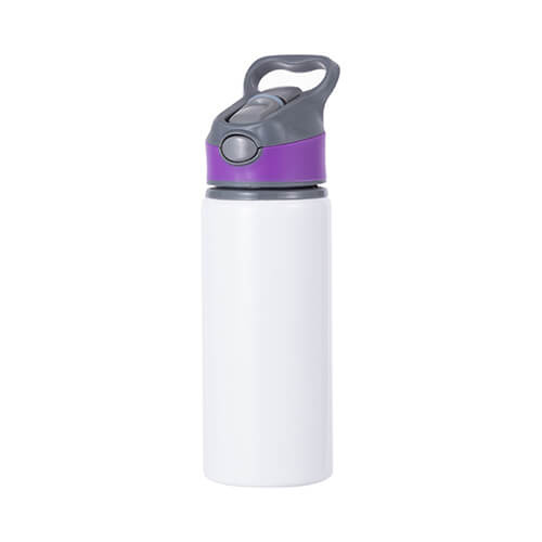 Fahrradflasche, Aluminium, Weiß, 650 ml, Verschluss mit violettem Besatz, für den Sublimationsdruck