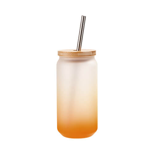 Glas 550 ml, satiniert, Orange, mit Trinkhalm, mit Deckel aus Bambus, für die Sublimation