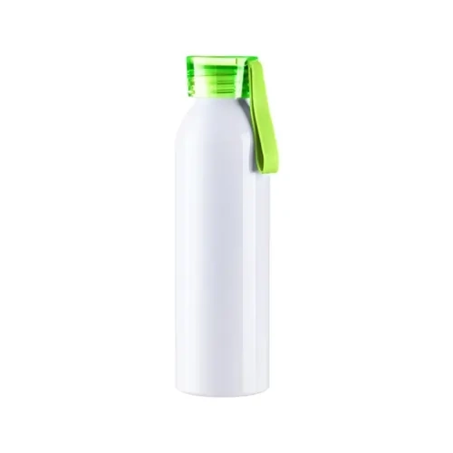 Sport-Wasserflasche aus Aluminium, 650 ml, weiß mit hellgrünem Verschluss und Sublimationsstreifen