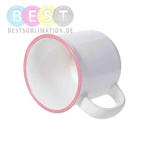 Keramischer Becher 300ml, emailliert, weiß mit rosa Rand, für die Sublimation