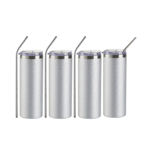 Tumbler-Becher, 600 ml, 4 Stück, mit Trinkhalm, Silber Brokat, für den Sublimationsdruck.