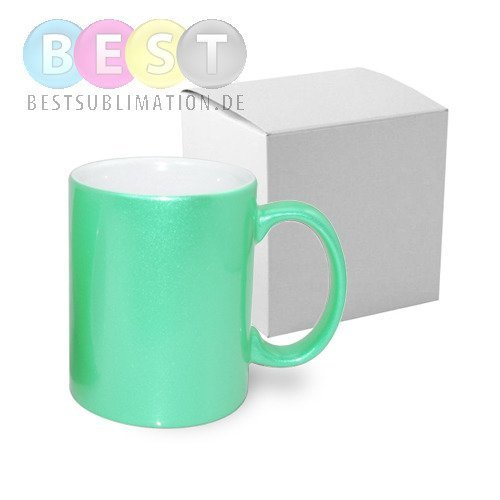 Tasse 330ml, Hellgrün, Alu-Effekt, mit Box, für die Sublimation