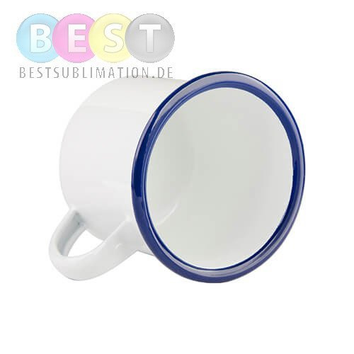 Becher 340ml, Metall, emailliert, weiß mit dunkelblauem Rand, für die Sublimation