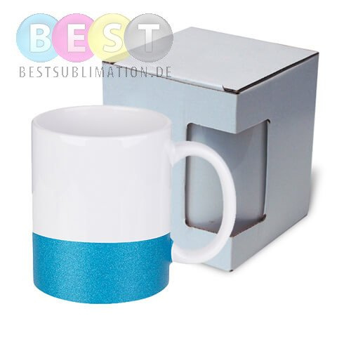 Tasse 330ml, mit Brokatstreifen, Blau, mit Box, für die Sublimation