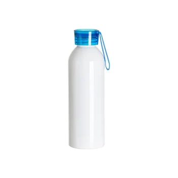 Sport-Wasserflasche aus Aluminium, 750 ml, weiß mit blauem Verschluss und Sublimationsstreifen