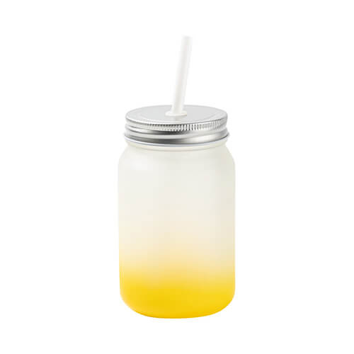 Becher, "Mason Jar", 450 ml, satiniert, mit Strohhalm, Gelb, für die Sublimation