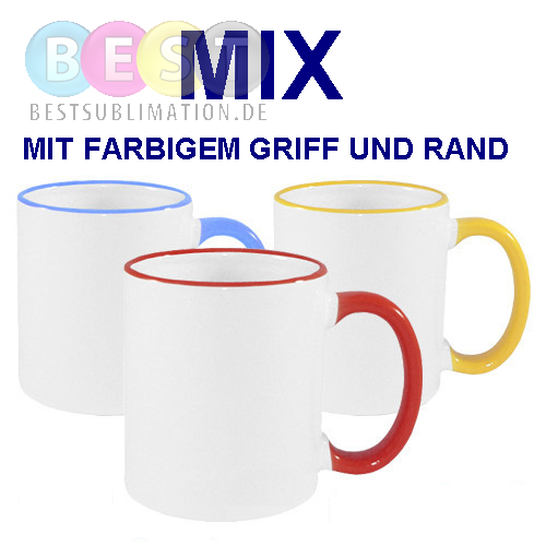 144 Tassen 330ml, Farbiger Griff und Rand, MIX diverser Farben, für die Sublimation