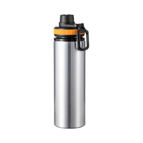 Fahrradflasche, Aluminium, Silber, 850 ml, Verschluss mit gelbem Besatz, für den Sublimationsdruck