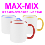 144 Tassen 450ml MAX, Farbiger Griff und Rand, MIX diverser Farben, für die Sublimation