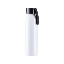 Sportliche Aluminium-Wasserflasche 650 ml weiß mit schwarzem Verschluss und Sublimationsstreifen