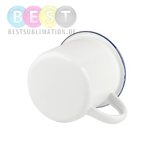 Becher 340ml, Metall, emailliert, weiß mit dunkelblauem Rand, für die Sublimation