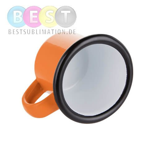 Metallbecher 100 ml, emailliert, orange mit schwarzem Rand, für die Sublimation