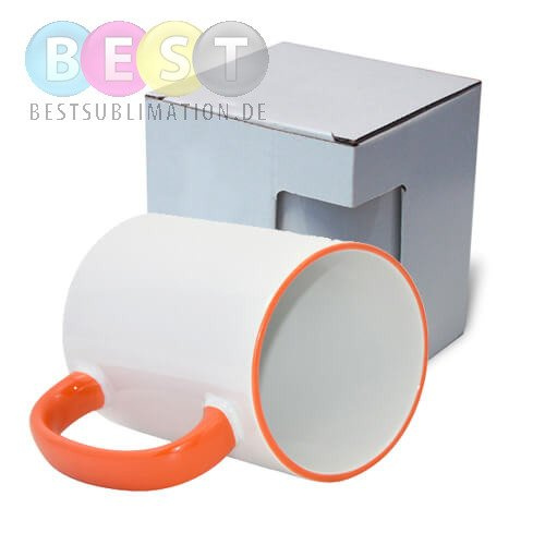 Tasse 450 ml MAX, A+, orangener Griff und Rand, mit Box KAR5, für die Sublimation