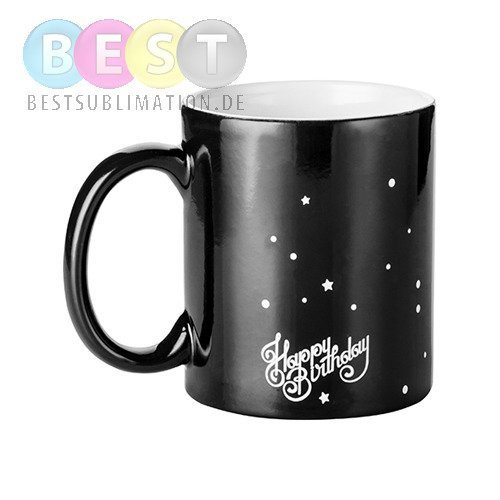 Zaubertasse 330ml, Gravur "Happy Birthday", Schwarz, für die Sublimation