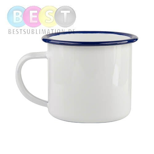 Becher 340ml, Metall, emailliert, weiß mit dunkelblauem Rand, für die Sublimation