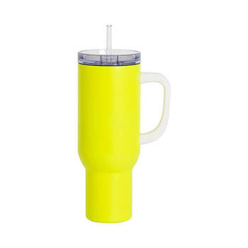 Becher, 1200 ml, Edelstahl, Neongelb, matt, mit Griff und Trinkhalm, für den Sublimationsdruck.