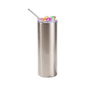 Tumbler-Becher, 600 ml, mit Trinkhalm, Silber, Deckel mit buntem Deko-Eis, für den Sublimationsdruck.