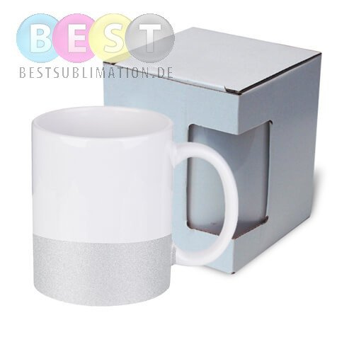 Tasse 330ml, mit Brokatstreifen, Silber, mit Box, für die Sublimation