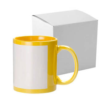 Tasse 330 ml, A+, Gelb, mit weißem bedruckbaren Fenster, mit Box, für die Sublimation