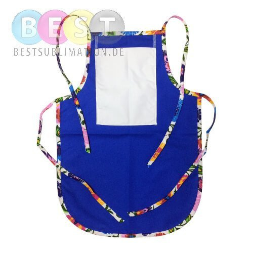 Kinderschürze, mit Tasche, mit bunten Paspeln, Blau mit weißen slawischen Blüten, für den Sublimationsdruck