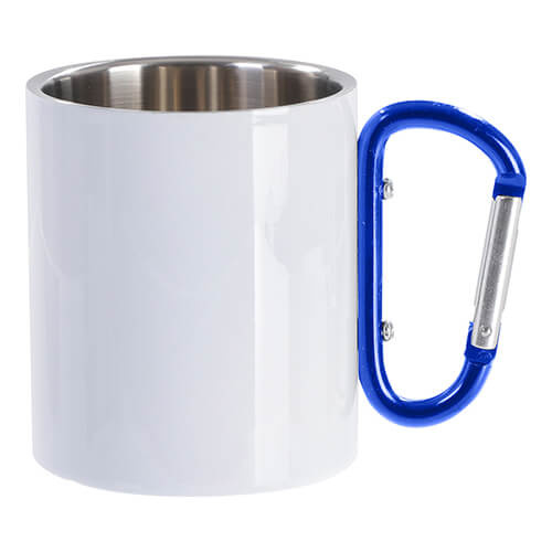 Becher 300 ml, Metall, mit blauem Karabiner-Griff, Weiß, für die Sublimation