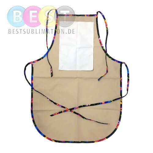 Küchenschürze, mit runder Tasche, mit bunten Paspeln, Beige mit schwarzen slawischen Blüten, für den Sublimationsdruck