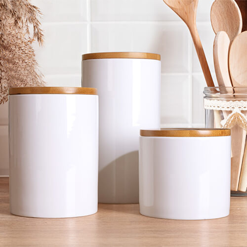 Behälter, Keramik, 900 ml, mit hölzernem Deckel, für den Sublimationsdruck