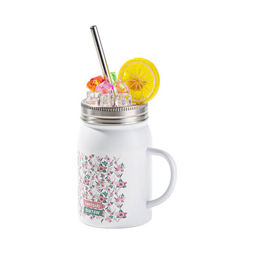 Becher, "Mason Jar", 500 ml, Weiß, mit Strohhalm, Griff und Deckel mit Deko-Eis "Zitrone", für die Sublimation