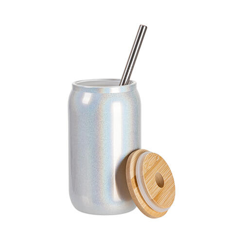 Glas, 400 ml, mit Deckel aus Bambus und Trinkhalm, Weißer Brokat, für den Sublimationsdruck.