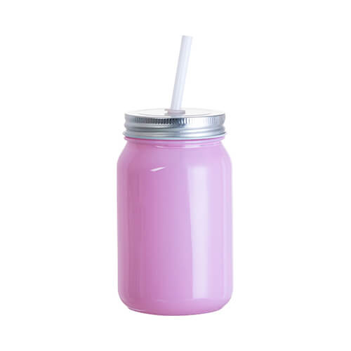 Becher, "Mason Jar", 450 ml, Full Color, Glas, Violett, mit Trinkhalm, für die Sublimation