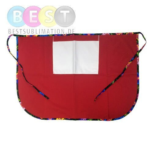Küchenschürze, klassisch, mit Tasche, mit bunten Paspeln, Rot mit schwarzen slawischen Blüten, für den Sublimationsdruck