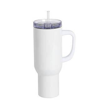 Becher, 1200 ml, Edelstahl, Weiß, mit Griff und Trinkhalm, für den Sublimationsdruck.